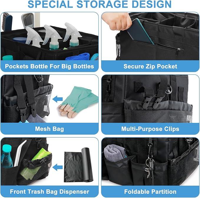 Large Cleaning Caddy Tote Bag with 4 Foldable Dividers Sturdy Support Board, Waterproof Cleaning Tools Organizer with Adjustable Shoulder Strap Waist Belt for Housekeepers, Cleaners Professional Use - NeatNest
