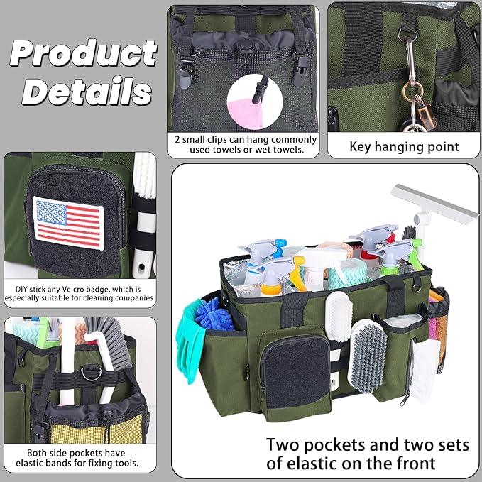 Wearable Cleaning Caddy Bag, Cleaning Organizer with Handles, Cleaning Supply Tote with Adjustable Shoulder Strap for Cleaners & Housekeeper (Green, 13.4'' x 7.3'' x 9.3'') - NeatNest