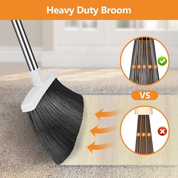 Broom and Dustpan Set, Heavy Duty Dust Pan with Long Handle 51 Inch Broom with Dustpan Combo Set Upright Self-Cleaning Dust Pan Home Kitchen Lobby Indoor Outdoor Sweeping Cleaning Tool - Gray - NeatNest
