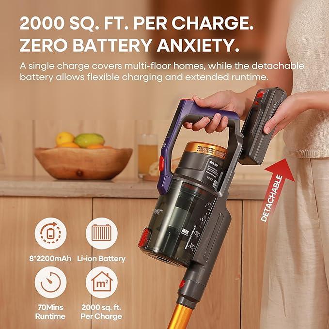 KIPMAX Cordless Vacuum Cleaner, 50KPa 550W Stick Vacuum for Home, 70Mins Anti-Tangled Vacuum Cleaner for Pet Hair/Carpet/Floor, Self-Standing Vacuum with Rechargeable Battery, LED Display&Aromatherapy - NeatNest