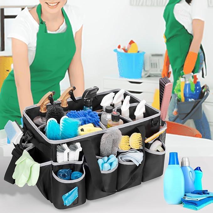 Extra-Large Wearable Cleaning Caddy, Organizer Bag for Products, Housekeeper Tote With Pad, Handle & Divider, Car Wash Tools Bag for Detailing Supplies, Gray Edge - NeatNest