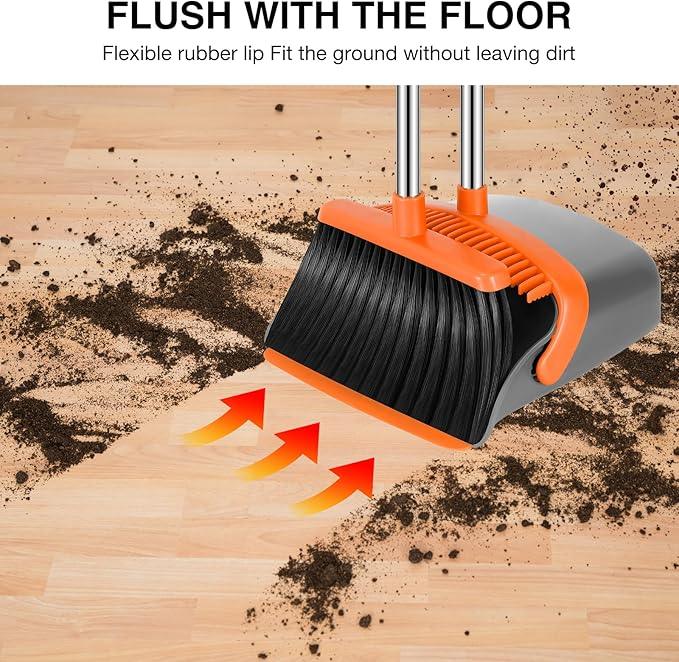 NACENA Broom and Dustpan Set, 52-in Long Adjustable Handle Broom Dustpan Combo with Dustpan Teeth to Automatically Clean Hair Suitable for Home Kitchen Office Hall Floor (Grey&Orange), 4 Pack - NeatNest