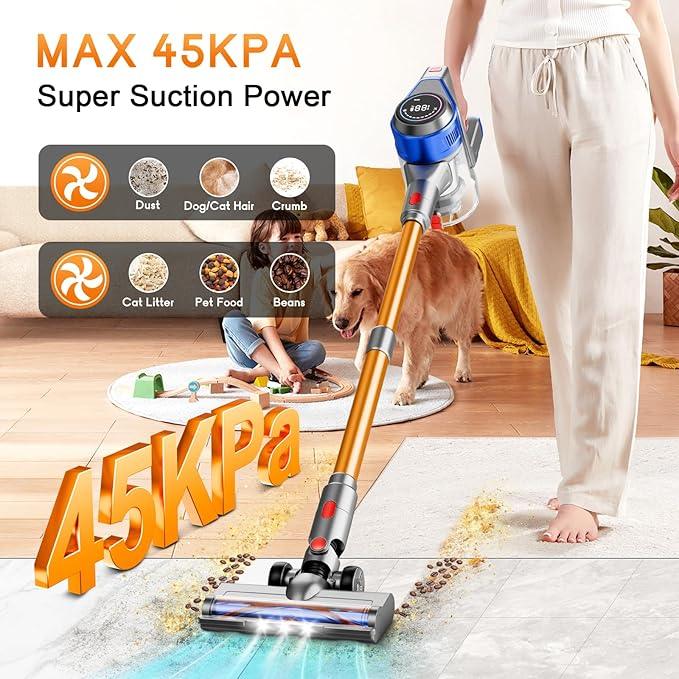 Cordless Vacuum Cleaner, 45Kpa Vacuum Cleaner for Home, 45Mins Stick Vacuums with Battery Display, Anti-Tangle &Wall Mount Charging, 8 in 1 Lightweight Vacuum for Hard floor Carpets Pet Hair, Y501 - NeatNest
