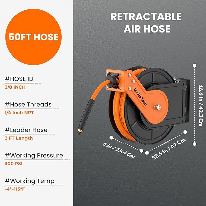 Giraffe Tools TA15 Retractable Air Hose Reel Swivel 3/8" x 50 ft Hybrid Hose, Max 300 PSI, Ceiling/Wall Mounted Heavy Duty Industrial Commercial Air Compressor Hose Reel, 50ft, Tangelo - NeatNest