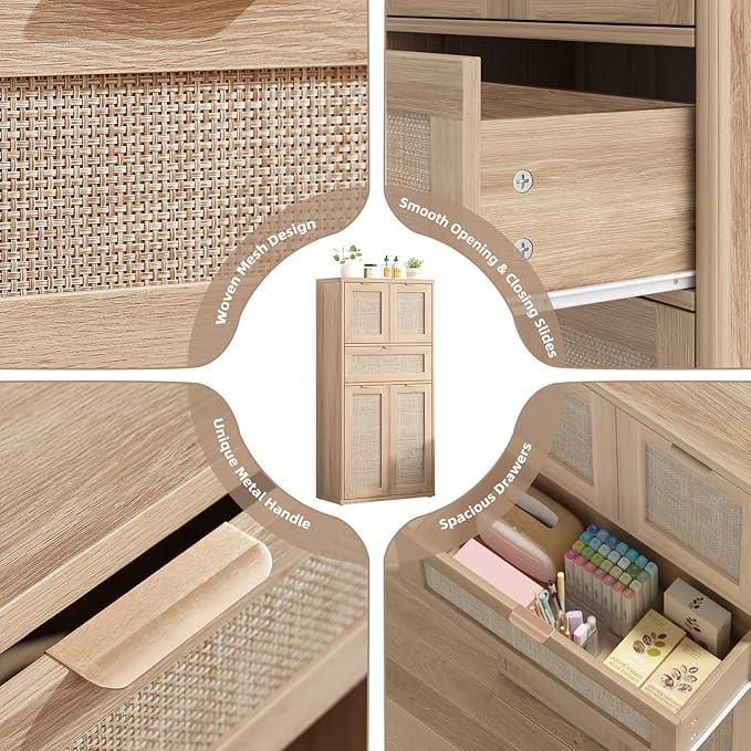 LEYAOYAO 48" Tall Storage Cabinet Set of 2,Rattan Bathroom Floor Cabinets with 4 Doors & 1Drawer,Boho Kitchen Pantry with Adjustable Shelves,Wooden Cupboard for Living Room,Home Office,Natural Wood - NeatNest