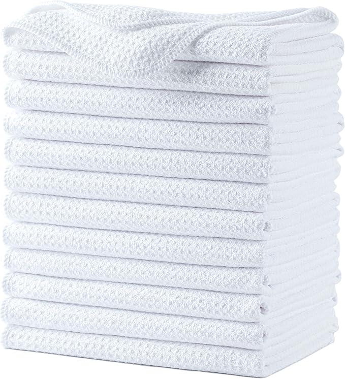POLYTE Premium Microfiber Kitchen Dish Hand Towel Waffle Weave 12 Pack (16x28 in, White) - NeatNest