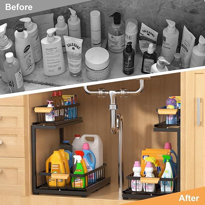 Under Sink Organizer, Pull Out Cabinet Organizer 2 Tier Slide Out Sink Shelf Cabinet Storage Shelves,Kitchen & Bathroom Organizers,Metal (Black, 1 Pack-14.6 * 10.6 * 16.5in) - NeatNest