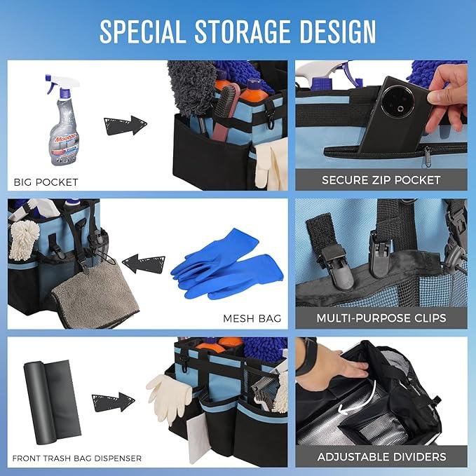 Wearable Cleaning Caddy, Cleaning Caddy Supplies Organizer with Handle & Shoulder Straps for Housekeepers, Under Sink & Car Cleaning Tool Organizers Bag with 4 Foldable Divider (Blue) - NeatNest