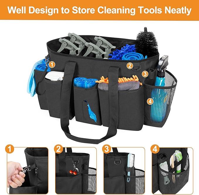 LoDrid Professional Cleaning Tote Caddy for Cleaning Supplies, Cleaning Bag Organizer with Dividers and Handle Strap for Housekeepers Work, Black, (Bag Only) - NeatNest