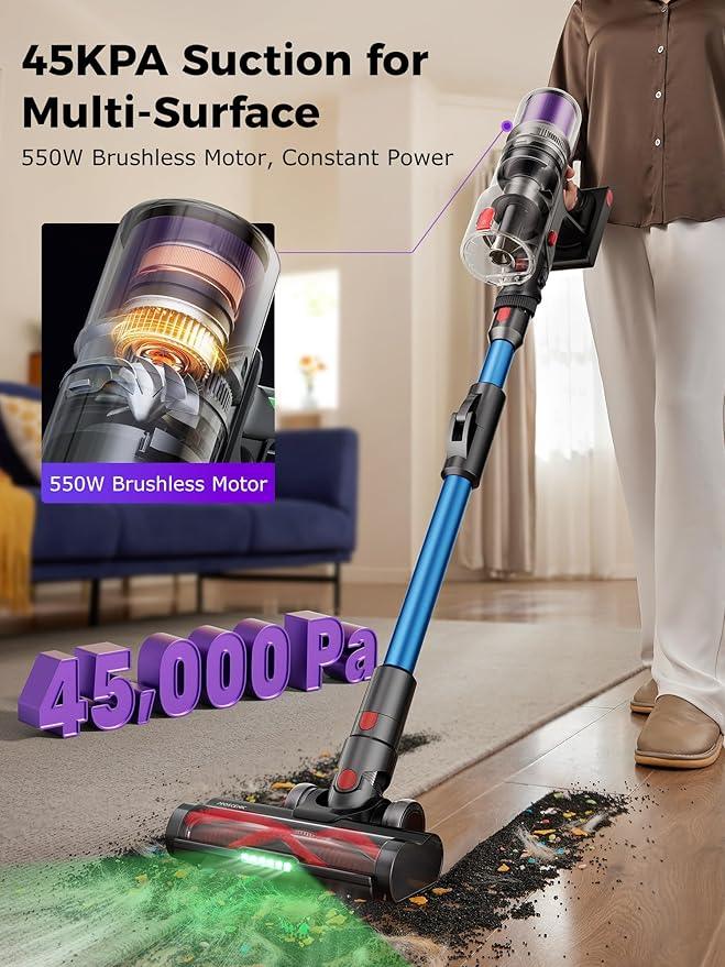 Proscenic Cordless Vacuum Cleaner, 45Kpa 55Mins Runtime, 180°Bendable Wand, Vacuum Cleaners for Home with Green Light, Anti-Tangle Brush, Rechargeable Lightweight Stick Vacuum for Pet Hair, P16(Blue) - NeatNest