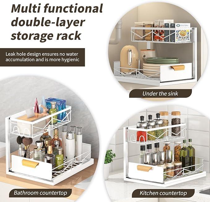 Under Sink Organizer - 2 Tier Pull Out Cabinet Organizer with Sliding Drawers, Adjustable Metal Storage Shelf for Kitchen & Bathroom, Space Saving Storage Solution (White, 1-Pack) - NeatNest