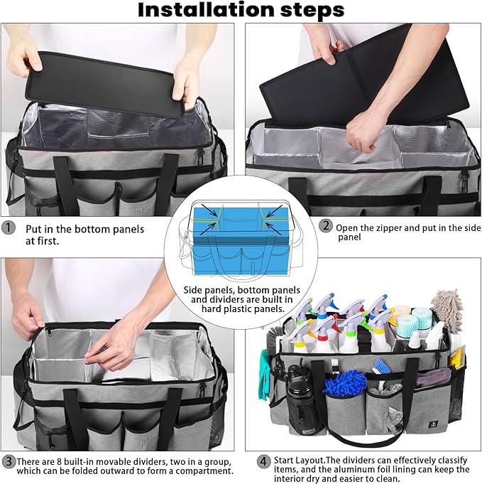 Extra large Cleaning Caddy Bag Built-in Sturdy Support Board, Cleaning Organizer with Detachable Divider, Cleaning Supply Tote with Adjustable Shoulder Strap (Grey, 19'' x 11'' x 11'') - NeatNest