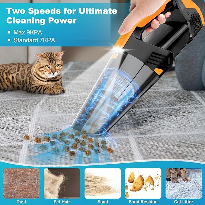 Car Vacuum Portable with LED Light, High Power Suction, Lightweight Rechargeable Hand Vacuum, Hand Held Vacuum Cleaner for Car Home Office, Pet Hair, Orange - NeatNest