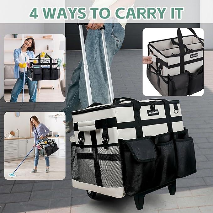 Large Rolling Cleaning Caddy Bag with Wheels, with Detachable Trolley, Cleaning Bags on Wheels for Housekeepers, Cleaning Cart Supplies Organizer for Home, Car, Picnic (Beige) - NeatNest