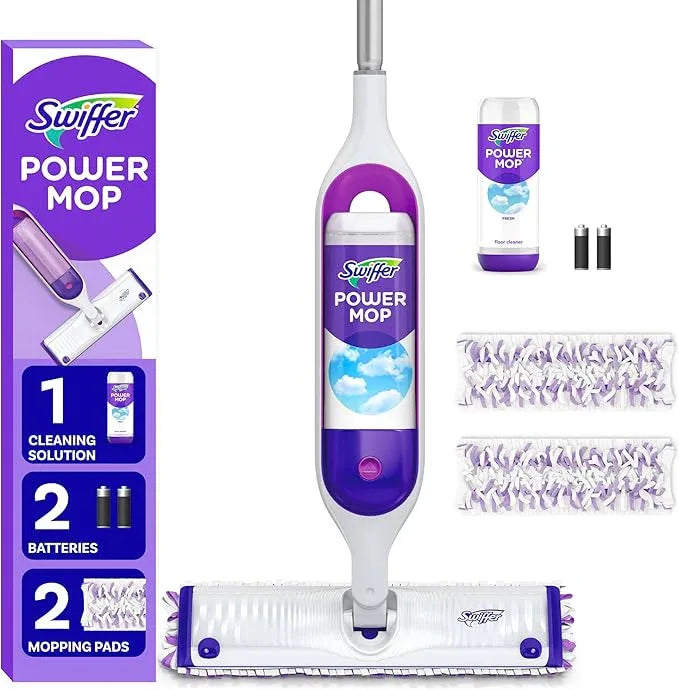 Swiffer PowerMop Multi-Surface Mop Kit for Floor Cleaning, Includes PowerMop, 2 Mopping Pad Refills, 1 Cleaning Solution with Fresh Scent and 2 Batteries - NeatNest