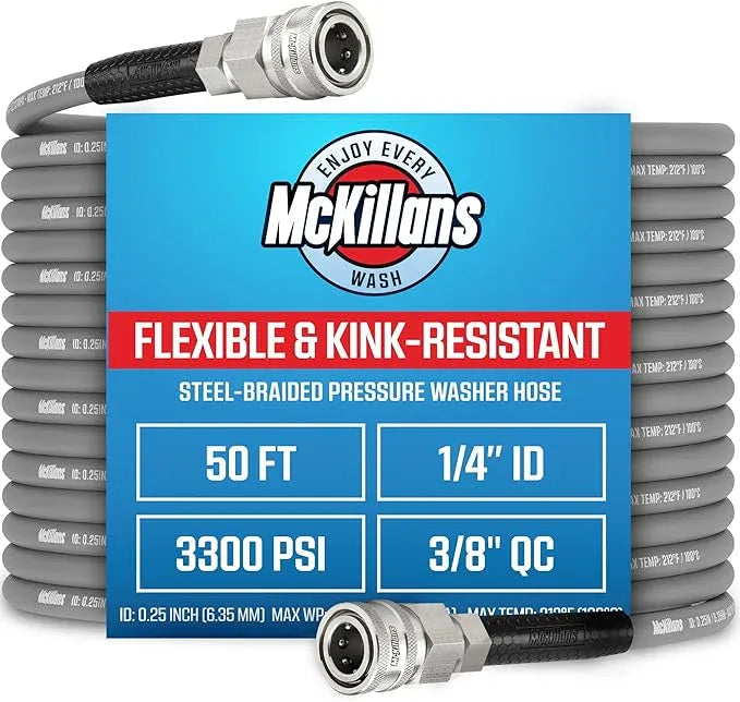 McKillans® QC Installed Pressure Washer Hose 50 ft - Flexible & Kink-resistant - Steel-Braided & Durable- 3/8" QC Pre-Installed Stainless Steel - Power Washer Hose - High Pressure 1/4" Inner Diameter - NeatNest