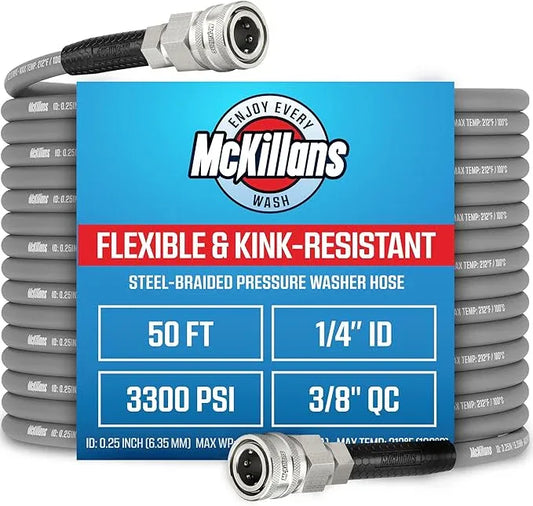 McKillans® QC Installed Pressure Washer Hose 50 ft - Flexible & Kink-resistant - Steel-Braided & Durable- 3/8" QC Pre-Installed Stainless Steel - Power Washer Hose - High Pressure 1/4" Inner Diameter - NeatNest
