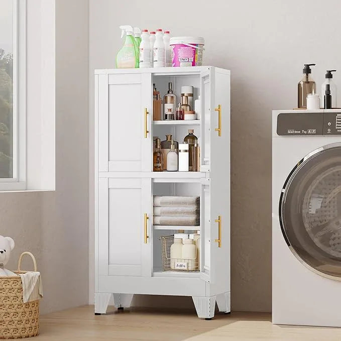 47“H White Metal Bathroom Storage Cabinet, Kitchen Pantry Cabinet with Doors and 3 Adjustable Shelves, Bathroom cabinets Organizer, for Home Office, Bedroom - NeatNest