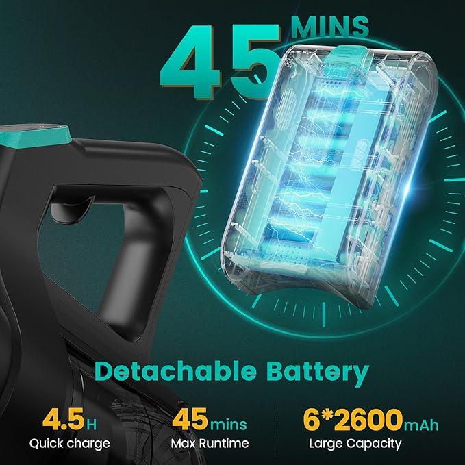 Zefiro Cordless Vacuum Cleaner,45Mins Runtime Stick Vacuum, Anti-Tangle and 1.5L Dust Cup, Lightweight Vacuum for Hardwood Floor Carpet Pet Hair (grenn&Black) - NeatNest