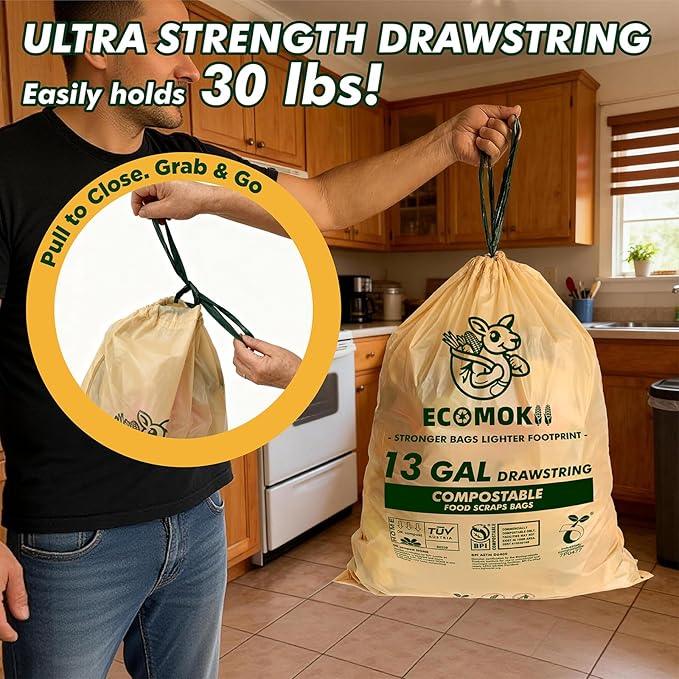 EcoMokii 13 Gallon Compostable Trash Bags with Drawstring, 30 Count, 49.2 Liter, 1.2 Mil Heavy Duty Extra Thick Large Kitchen Garbage Bin Liners, Compost Food Scraps Bag, BPI (ASTM D6400) - NeatNest
