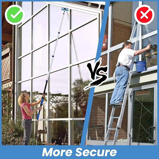 30ft High Ceiling Duster Kits with 5-24ft Heavy Duty Extension Pole - Fan Blade Cleaner, Cobweb Remover & Blue Window Squeegee Kit, Washable Dust Brush for High Roof and Glass Surfaces - NeatNest
