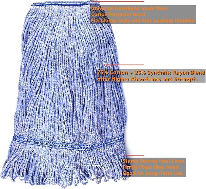 String Mop Heads Replacement Heavy Duty Commercial Grade Blue Cotton Looped End Wet Industrial Cleaning Mop Head Refills (6, Large) - NeatNest