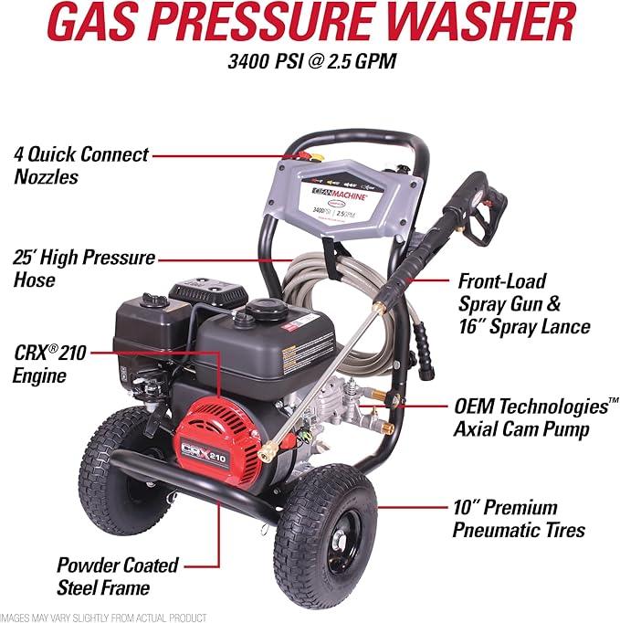 Simpson 3400 PSI Gas Pressure Washer, 2.5 GPM Residential Power Washer, Cold Water, 25' Hose, Clean Machine, 49-State Compliant (CM61083) - NeatNest