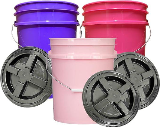 House Naturals 5 Gallon Food Grade, BPA Free, Made in USA, Plastic Bucket, 3 Colors, (Pack of 3) (5G-Pink-Magenta-Purple HN Black lids) - NeatNest