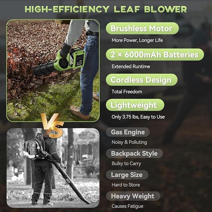 Cordless Leaf Blower - 650 CFM Brushless Electric Leaf Blower with 2 x 6.0Ah Batteries & Fast Charger, 2 Speed Modes, Battery Powered Leaf Blowers for Lawn Care, Patio, Dust, Snow Care (Light Green) - NeatNest