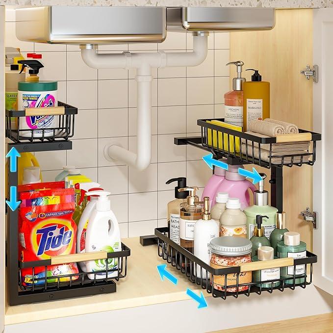 REALINN Under Sink Organizer, 2 Pack Height Adjustable Under Sink Organizers and Storage, 2 Tier Pull Out Drawer Cabinet Storage for Kitchen Bathroom - NeatNest