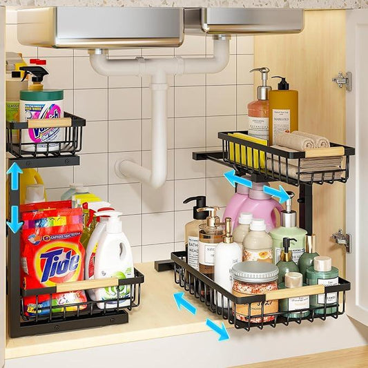 REALINN Under Sink Organizer, 2 Pack Height Adjustable Under Sink Organizers and Storage, 2 Tier Pull Out Drawer Cabinet Storage for Kitchen Bathroom - NeatNest