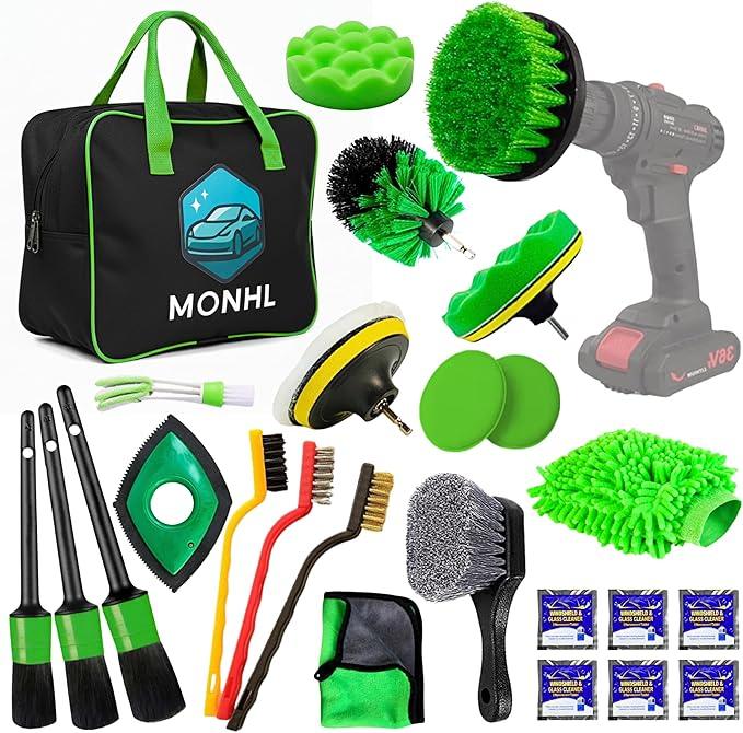 MONHL 26 Pcs Car Detailing Kit – Complete Interior & Exterior Car Cleaning Kit with Drill Brush Attachments, Detailing Brushes, Wheel & Tire Brush, Microfiber Towels, Wash Mitt, Pet Hair Remover - NeatNest