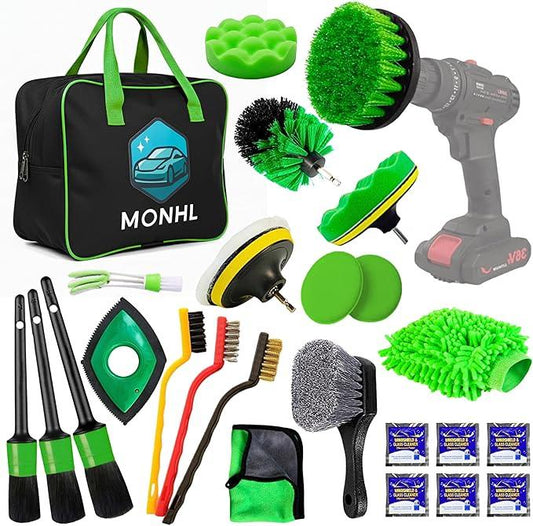 MONHL 26 Pcs Car Detailing Kit – Complete Interior & Exterior Car Cleaning Kit with Drill Brush Attachments, Detailing Brushes, Wheel & Tire Brush, Microfiber Towels, Wash Mitt, Pet Hair Remover - NeatNest