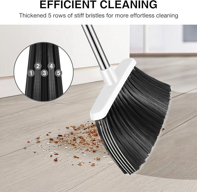 NACENA Broom and Dustpan Set, 52-in Long Adjustable Handle Broom Dustpan Combo with Dustpan Teeth to Automatically Clean Hair Suitable for Home Kitchen Office Hall Floor (Grey&White), 2 Pack - NeatNest