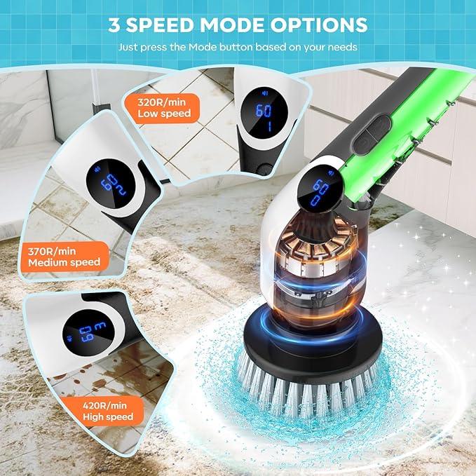 YKYI Electric Spin Scrubber,Cordless Cleaning Brush,Shower Cleaning Brush with 8 Replaceable Brush Heads,Power Scrubber 3 Adjustable Speeds,Adjustable & Detachable Long Handle,Voice Broadcast - NeatNest