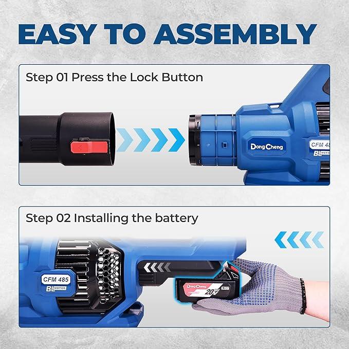 Dong Cheng Brushless 20V Leaf Blower, 485 CFM Variable Speed & Turbo Mode, Cordless Leaf Blower with 3 Nozzles, Shoulder Strap, 4.0Ah Battery and Charger, Blowing Leaves for Patio, Lawn & Garden - NeatNest
