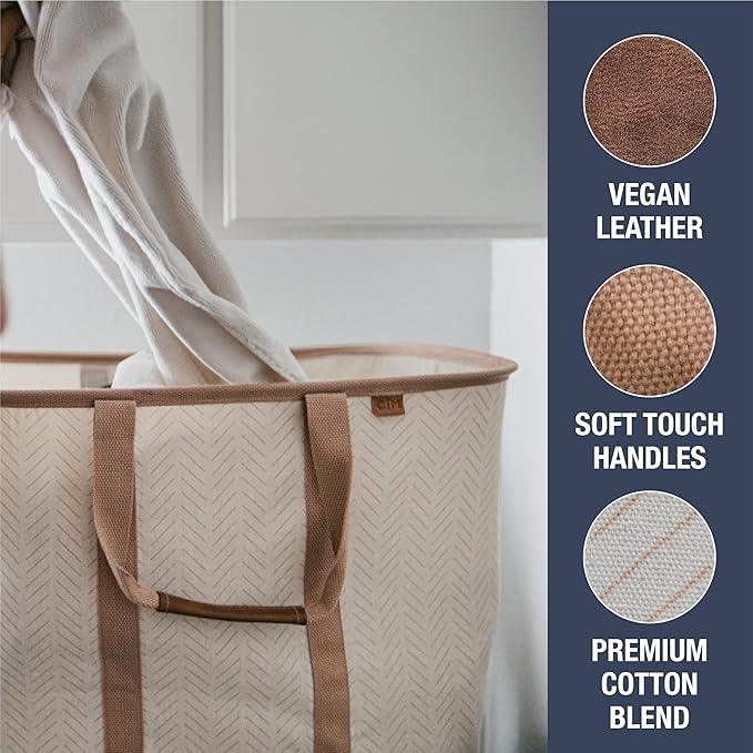 CleverMade Collapsible Laundry Tote - LUXE Cream Herringbone 2Pack 50L -Foldable Storage Organization Container Clothes Laundry Room Storage Solution - NeatNest