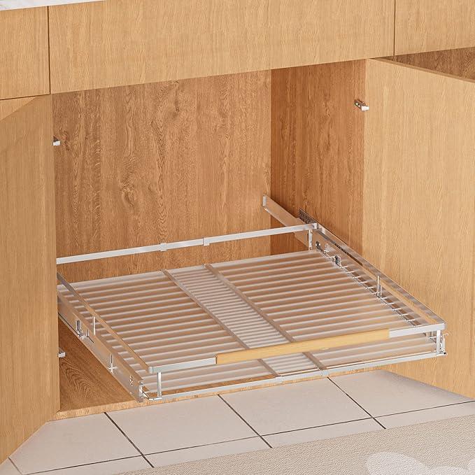 SANNO Pull Out Cabinet Organizer with Expandable Sliding Shelves for Cupboard Pantry, Steel Metal Sliding Shelf, Chrome Finish - NeatNest