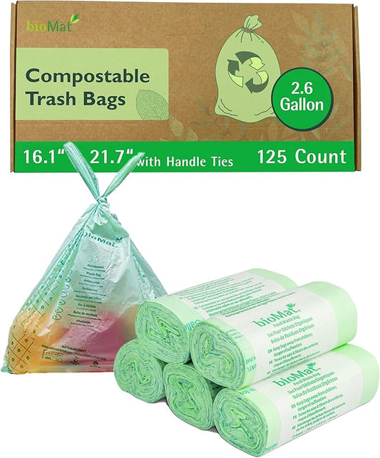bioMat 2.6 Gallon Compostable Food Scrap Bags with Handle Ties, 150 Count, Compost Bags for Countertop Bins, BPI ASTM D6400 and CMA Certified Small Trash Bags