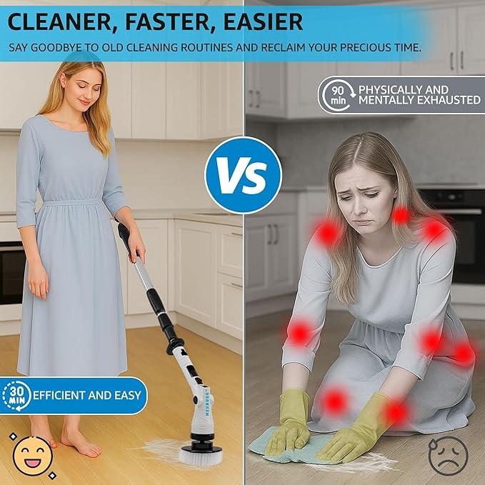 Electric Spin Scrubber – Cordless Power Cleaner with 8 Brush Heads, Long Adjustable Handle, 3 Speed for Deep Bathroom, Tile, Floor & Tub Cleaning, 6-Angle Adjustable - NeatNest