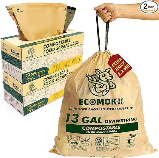 EcoMokii Compostable Trash Bags with Drawstring 13 Gallon, 60 Count, 49.2 Liter, 1.2 Mil Heavy Duty Extra Thick for Tall Kitchen Garbage Can, Compost Food Waste Bag, BPI (ASTM D6400)