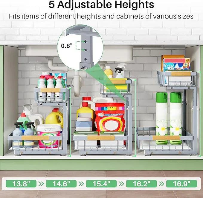 Under Sink Organizer, 2 Packs 2 Tier Under Sink Organizers and Storage, Slide out Pull out Cabinet Organizer Shelf, Metal Sliding Drawer for Kitchen Bathroom Pantry Closet Rack(Grey) - NeatNest