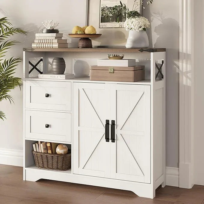 Fameill Farmhouse Storage Cabinet with Drawers and Open Storage,Freestanding Kitchen Pantry with 2 Barn Doors, Floor Cabinet with Adjustable Shelf for Living Room,White - NeatNest