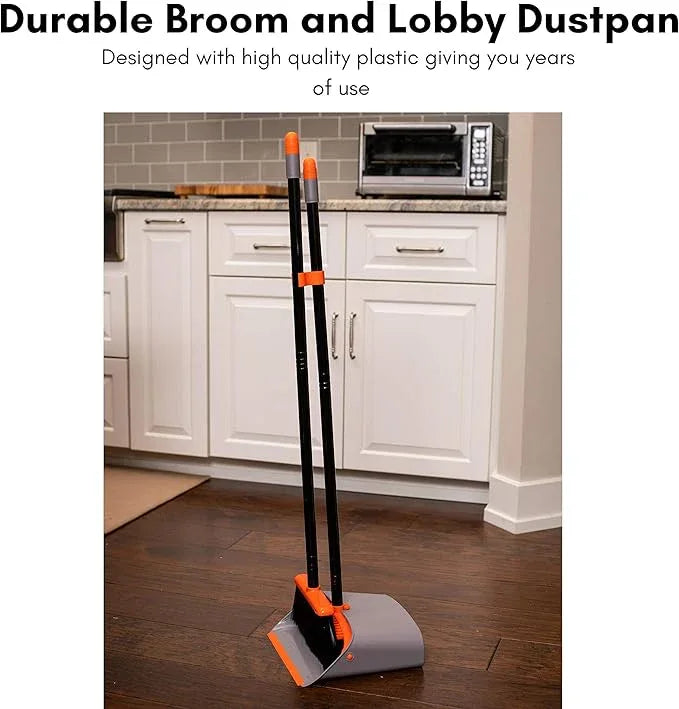 BirdRock Home Broom and Dustpan Set - Lobby Dust Pan - Orange and Grey Durable Set - Indoor or Outdoor - Sweep Combo Great for Kitchen, Home, Garage and Office - Clip On Self Cleaning Bristles - NeatNest