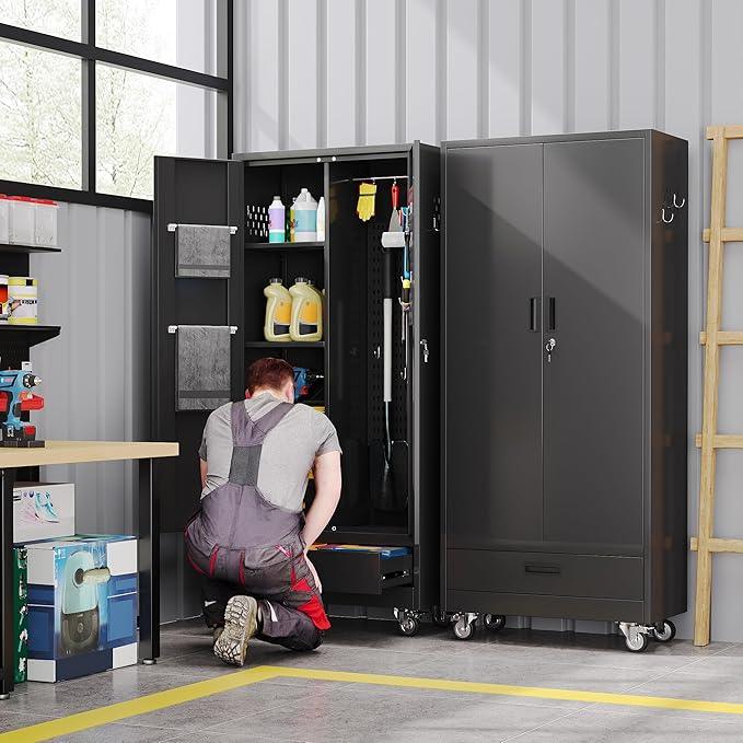 SUXXAN Broom Closet with Wheels 71"x 31.5"x15.75", Metal Cleaning Cabinets with Drawer Hooks and Hanging Rods, Lockable Cabinet with Pegboard, Adjustable Shelf,for Garage, Laundry Room - NeatNest