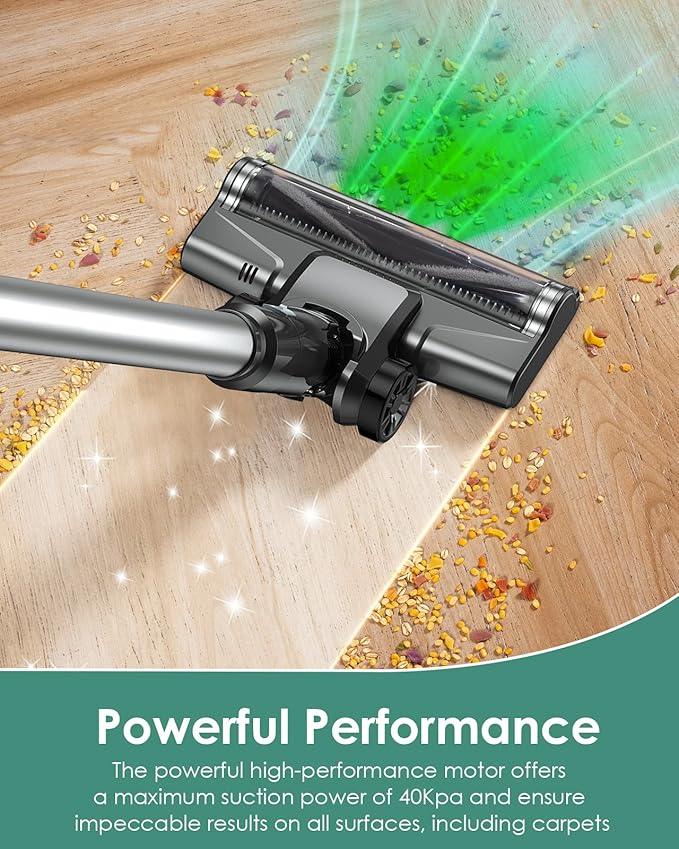Cordless Vacuum Cleaner, 500W/40KPA Lightweight Stick Vacuum up to 40 mins Runtime, LED Display and Green Headlights, 6-Stages Filtration, Self-Standing Vacuum for Home Hard Floor, Carpet and Pet Hair - NeatNest