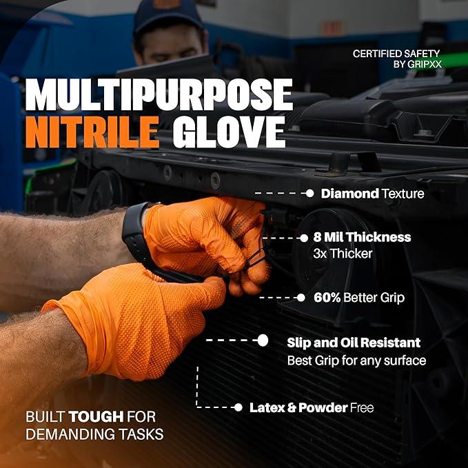 Herkules Grip Heavy Duty 8Mil Orange Nitrile Gloves,3D Raised Diamond Texture-Latex & Powder Free-Industrial, Mechanic (2, XX-Large) - NeatNest