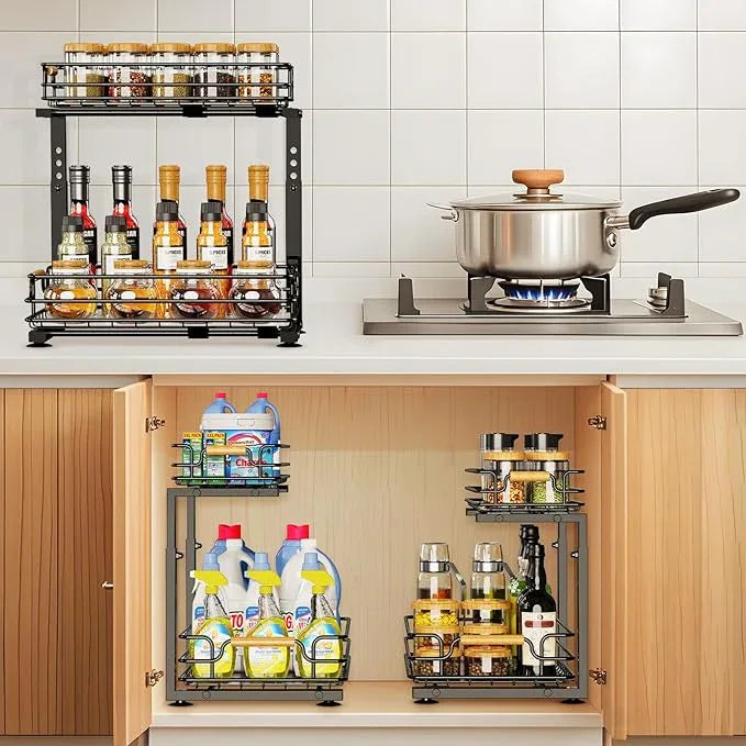 JYPS 2 Pack Under Sink Organizer, 2 Tier Pull out Under Kitchen Bathroom Sink Organizer and Storage, Metal Sliding Drawer for Cabinet Pantry Undersink Organizers Shelf - NeatNest