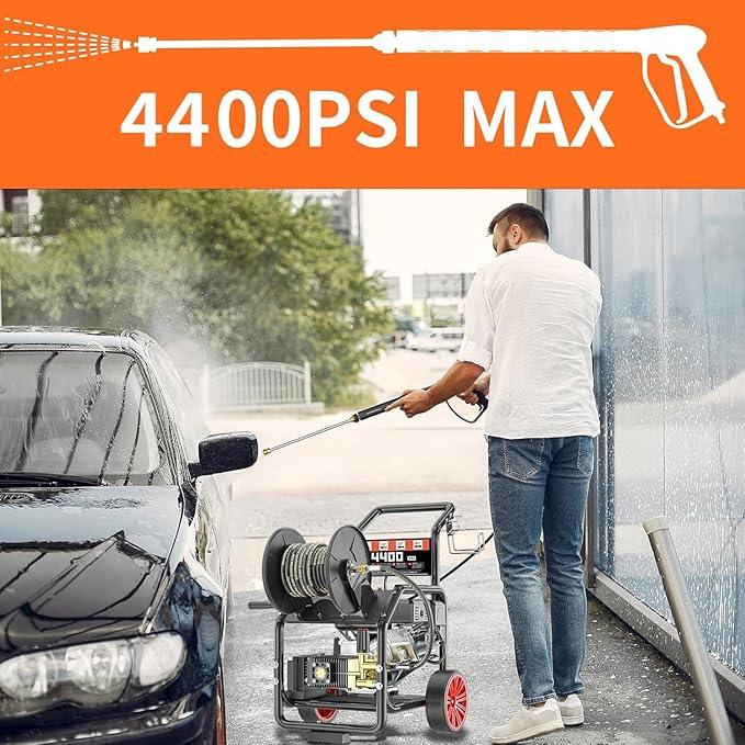 4400PSI Gas Pressure Washer with Hose Reel, 4 GPM, One-Button Electric Start 296cc 15HP Commercial Pressure Washer with 50FT 3/8" Hose, Spray Gun & Wand, 5 Quick Connect Nozzles - NeatNest