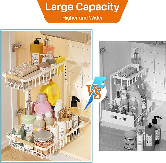 REALINN Under Sink Organizer, Height Adjustable Under Sink Organizers and Storage, 2 Tier Pull Out Drawer Cabinet Storage for Kitchen Bathroom, 1 Pack, White - NeatNest